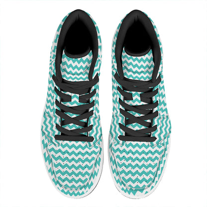 Teal And White Chevron Pattern Print High Top Leather Sneakers