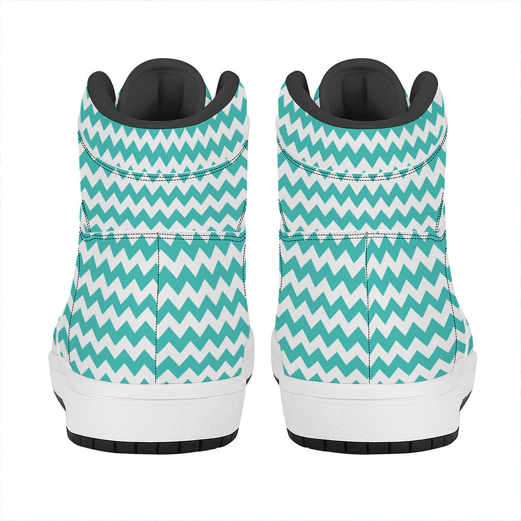Teal And White Chevron Pattern Print High Top Leather Sneakers