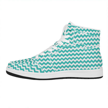 Teal And White Chevron Pattern Print High Top Leather Sneakers