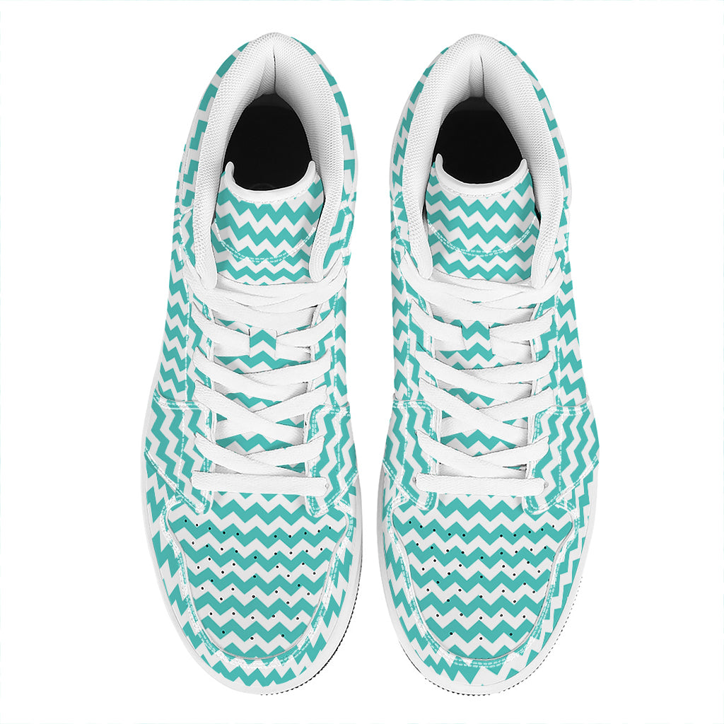 Teal And White Chevron Pattern Print High Top Leather Sneakers