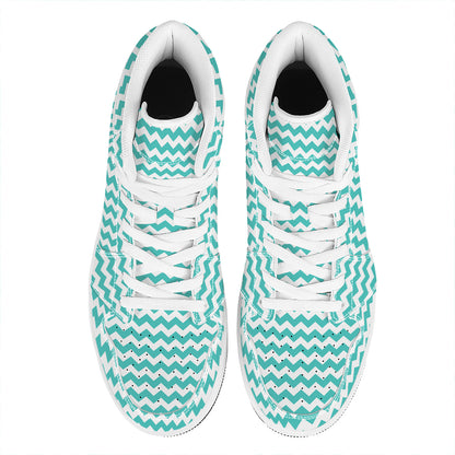 Teal And White Chevron Pattern Print High Top Leather Sneakers