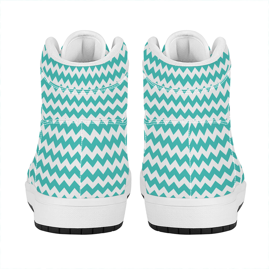 Teal And White Chevron Pattern Print High Top Leather Sneakers