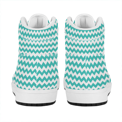 Teal And White Chevron Pattern Print High Top Leather Sneakers