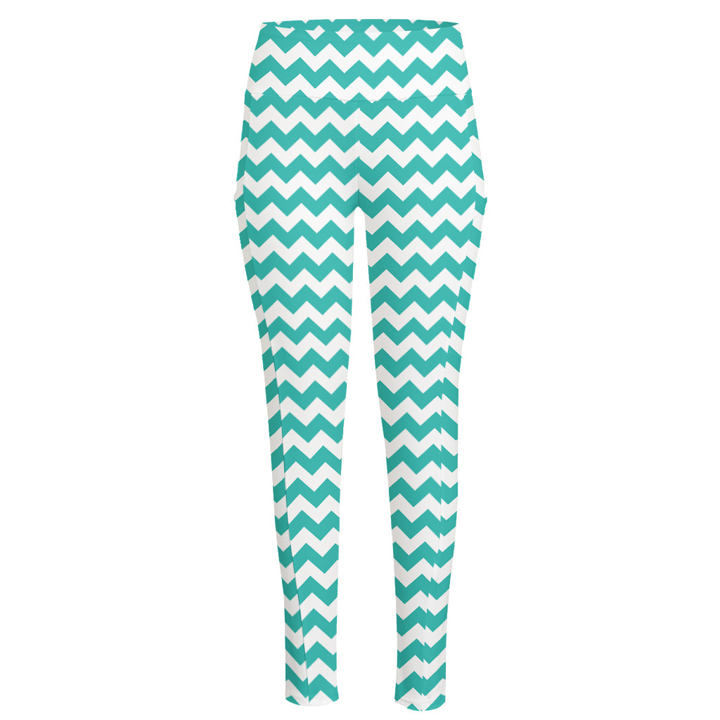 Teal And White Chevron Pattern Print High-Waisted Pocket Leggings