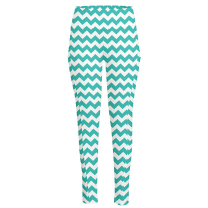 Teal And White Chevron Pattern Print High-Waisted Pocket Leggings