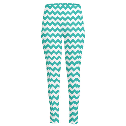 Teal And White Chevron Pattern Print High-Waisted Pocket Leggings