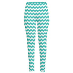 Teal And White Chevron Pattern Print High-Waisted Pocket Leggings