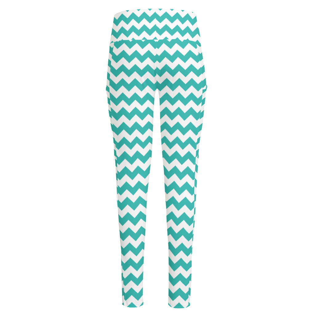 Teal And White Chevron Pattern Print High-Waisted Pocket Leggings