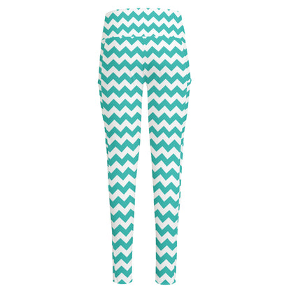 Teal And White Chevron Pattern Print High-Waisted Pocket Leggings