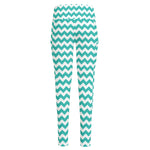 Teal And White Chevron Pattern Print High-Waisted Pocket Leggings