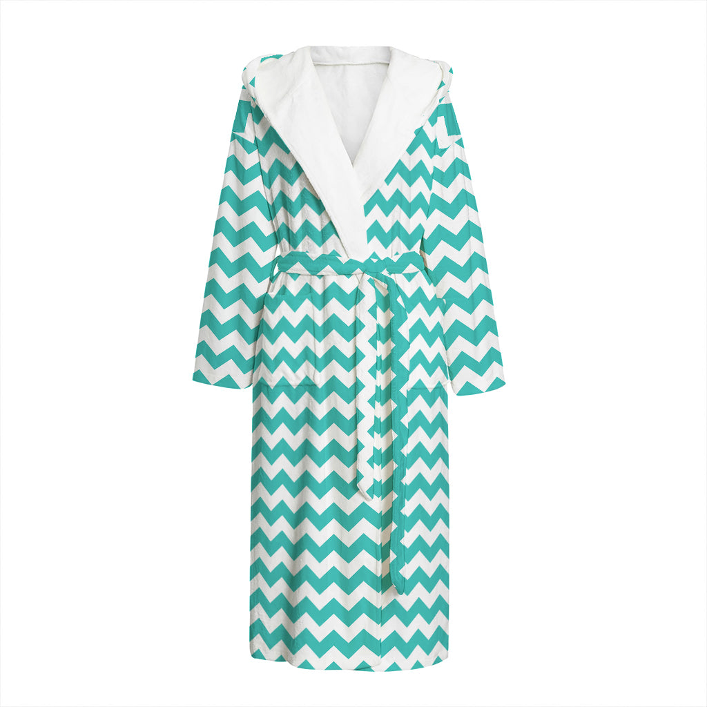 Teal And White Chevron Pattern Print Hooded Bathrobe