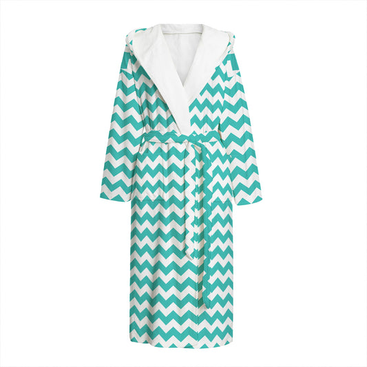 Teal And White Chevron Pattern Print Hooded Bathrobe