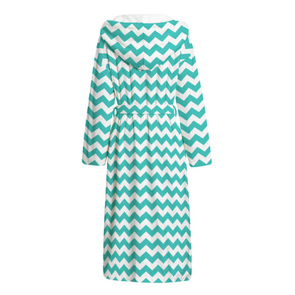 Teal And White Chevron Pattern Print Hooded Bathrobe