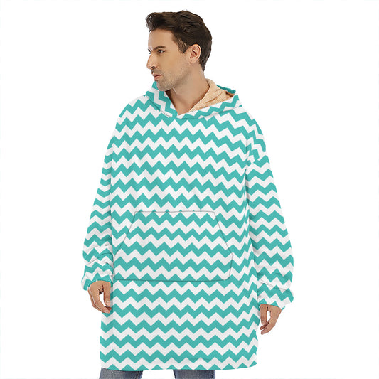 Teal And White Chevron Pattern Print Hoodie Blanket