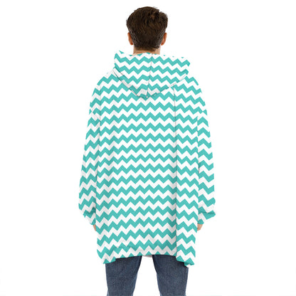 Teal And White Chevron Pattern Print Hoodie Blanket