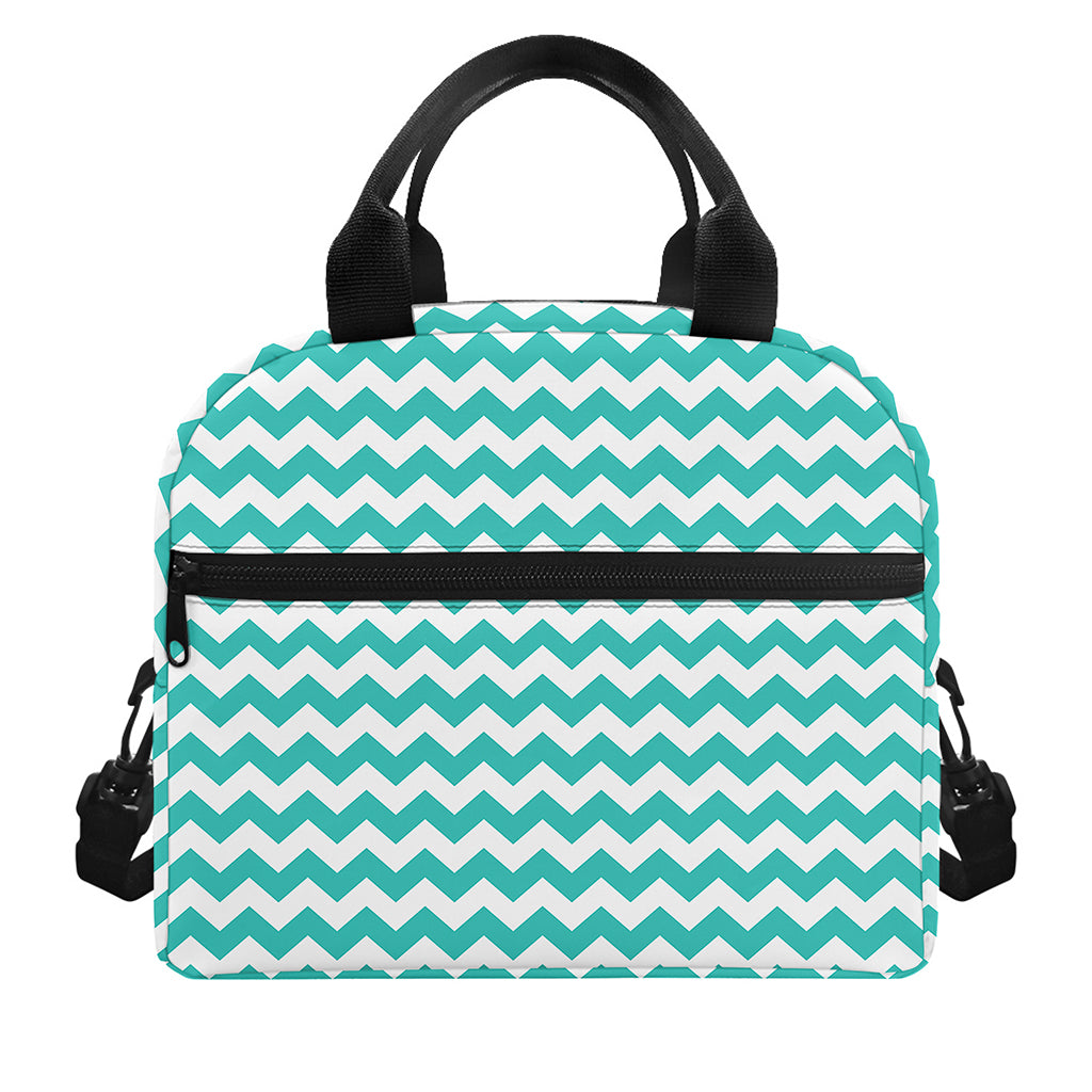 Teal And White Chevron Pattern Print Insulated Lunch Bag