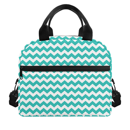 Teal And White Chevron Pattern Print Insulated Lunch Bag