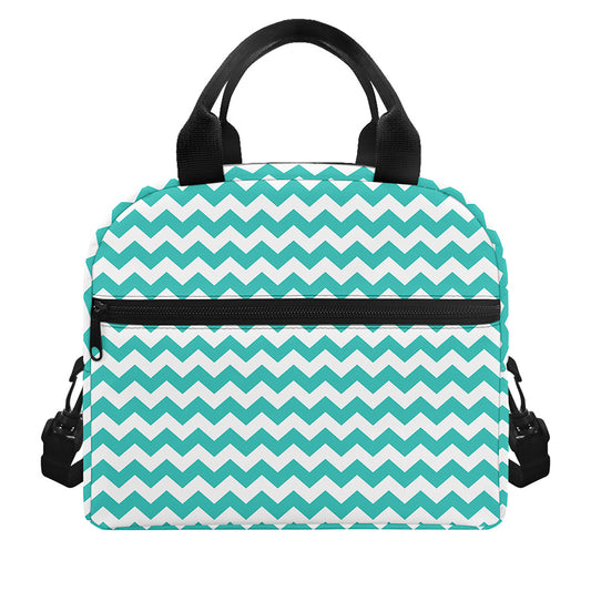 Teal And White Chevron Pattern Print Insulated Lunch Bag