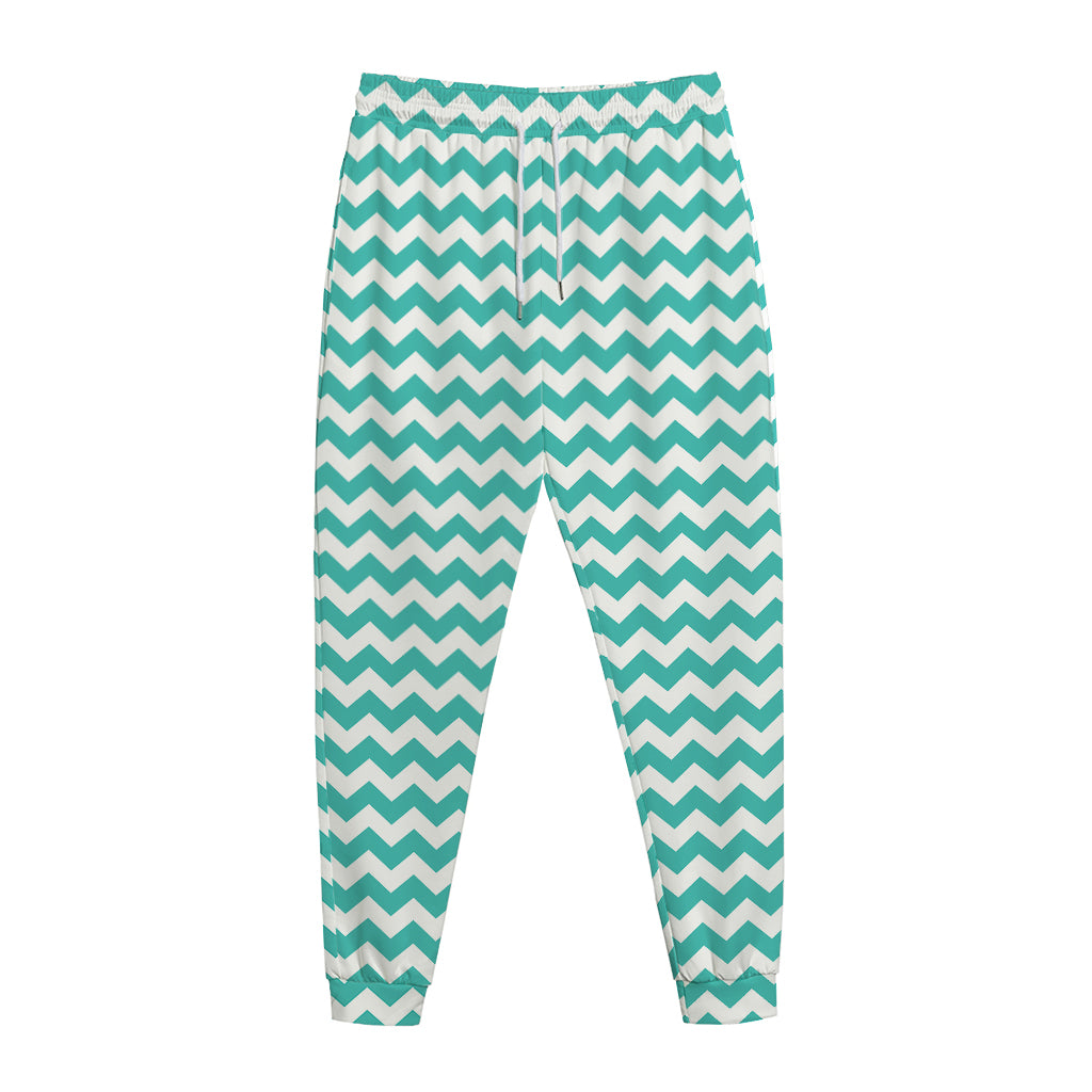 Teal And White Chevron Pattern Print Jogger Pants