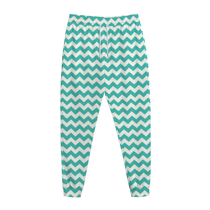 Teal And White Chevron Pattern Print Jogger Pants