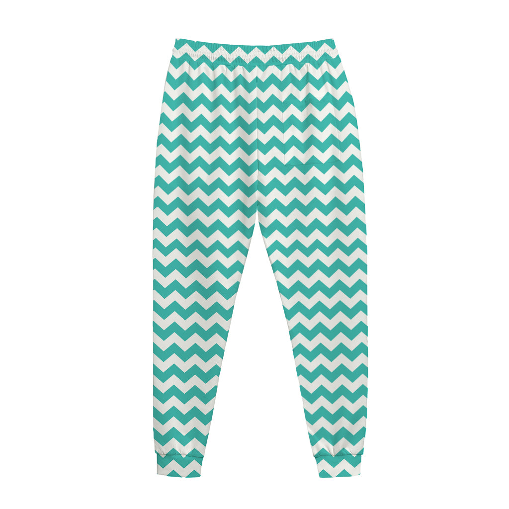 Teal And White Chevron Pattern Print Jogger Pants