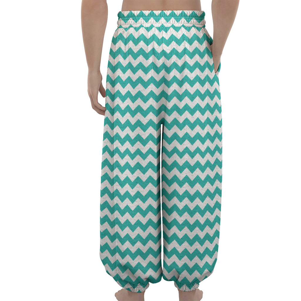 Teal And White Chevron Pattern Print Lantern Pants