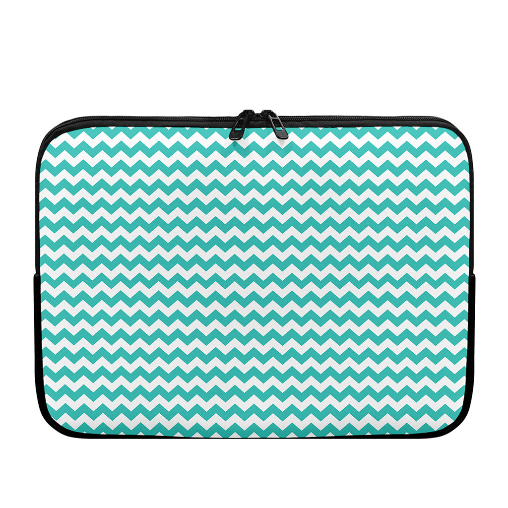 Teal And White Chevron Pattern Print Laptop Sleeve