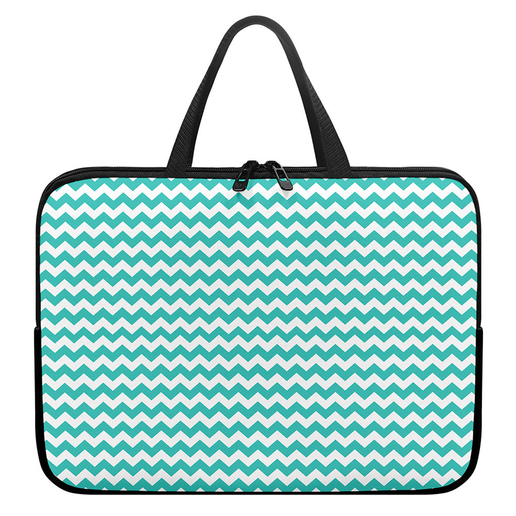 Teal And White Chevron Pattern Print Laptop Sleeve With Handle