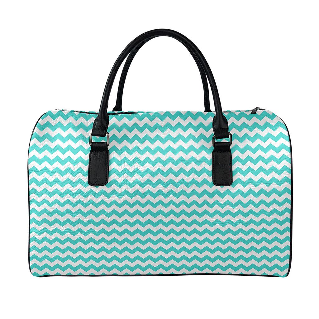 Teal And White Chevron Pattern Print Leather Duffle Bag