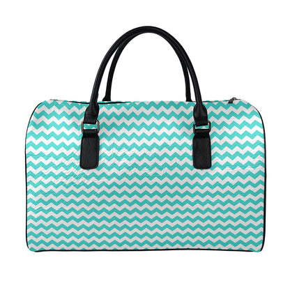 Teal And White Chevron Pattern Print Leather Duffle Bag