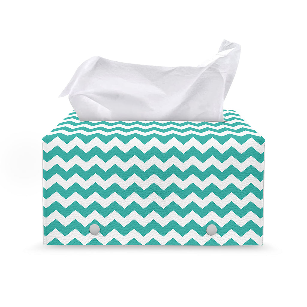 Teal And White Chevron Pattern Print Leather Tissue Box Cover