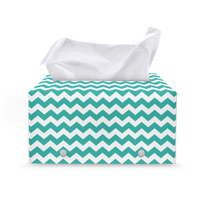 Teal And White Chevron Pattern Print Leather Tissue Box Cover