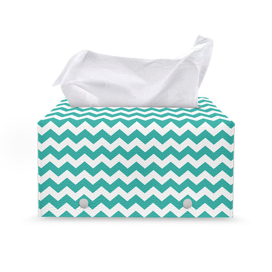 Teal And White Chevron Pattern Print Leather Tissue Box Cover