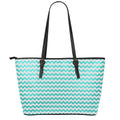 Teal And White Chevron Pattern Print Leather Tote Bag With Zipper