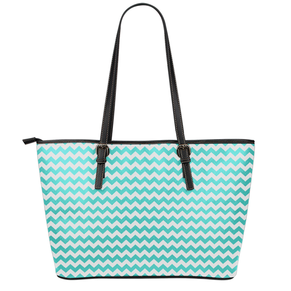 Teal And White Chevron Pattern Print Leather Tote Bag