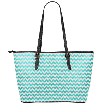 Teal And White Chevron Pattern Print Leather Tote Bag