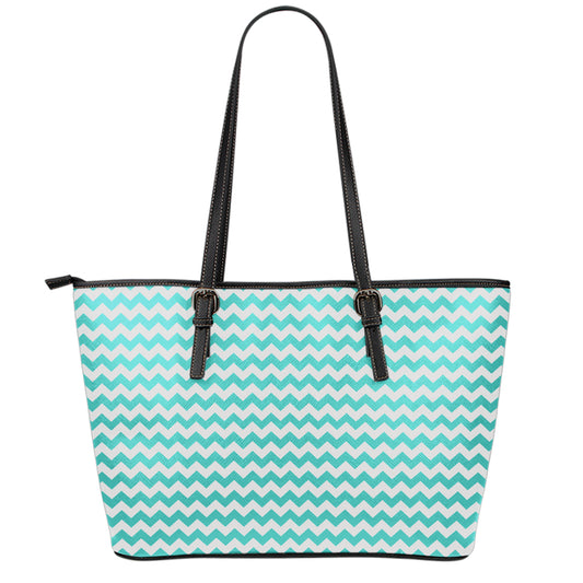 Teal And White Chevron Pattern Print Leather Tote Bag