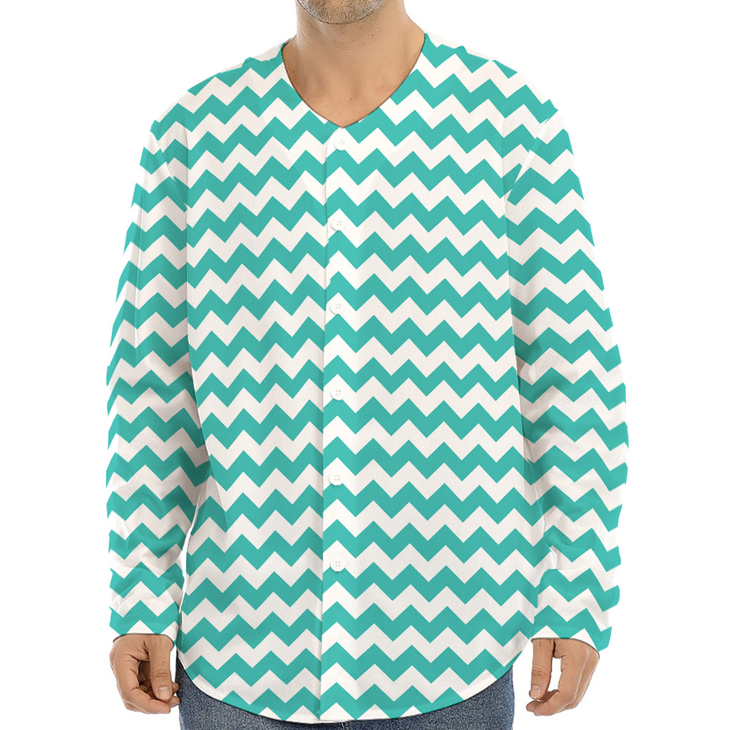 Teal And White Chevron Pattern Print Long Sleeve Baseball Jersey