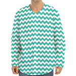 Teal And White Chevron Pattern Print Long Sleeve Baseball Jersey