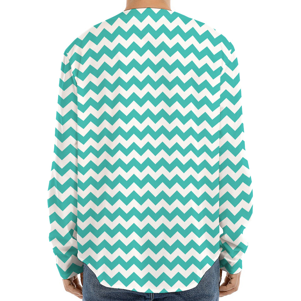 Teal And White Chevron Pattern Print Long Sleeve Baseball Jersey