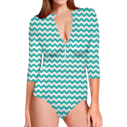 Teal And White Chevron Pattern Print Long Sleeve Swimsuit