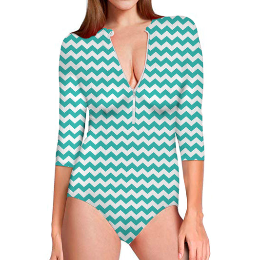 Teal And White Chevron Pattern Print Long Sleeve Swimsuit