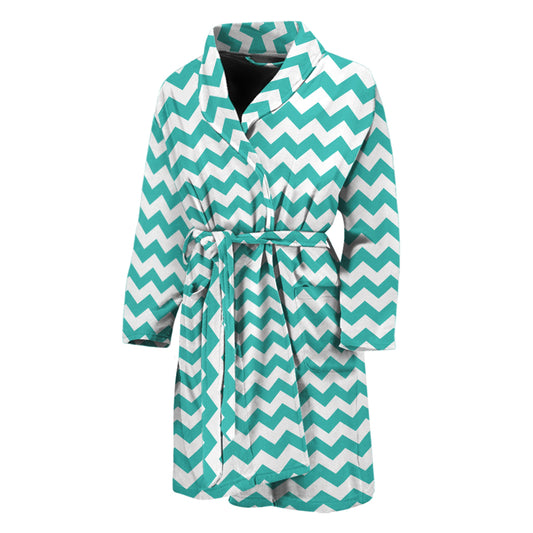 Teal And White Chevron Pattern Print Men's Bathrobe