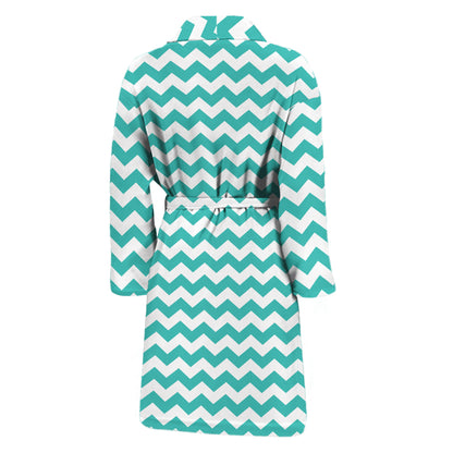 Teal And White Chevron Pattern Print Men's Bathrobe