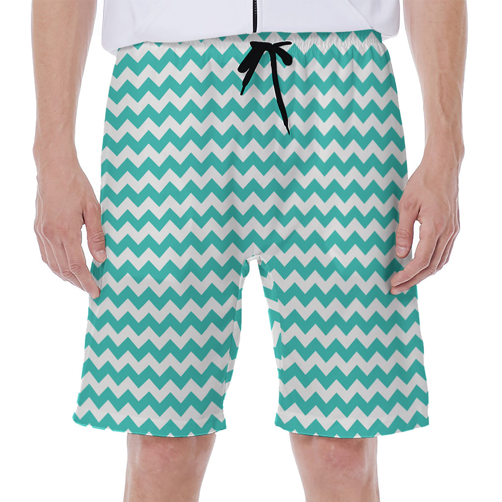 Teal And White Chevron Pattern Print Men's Beach Shorts