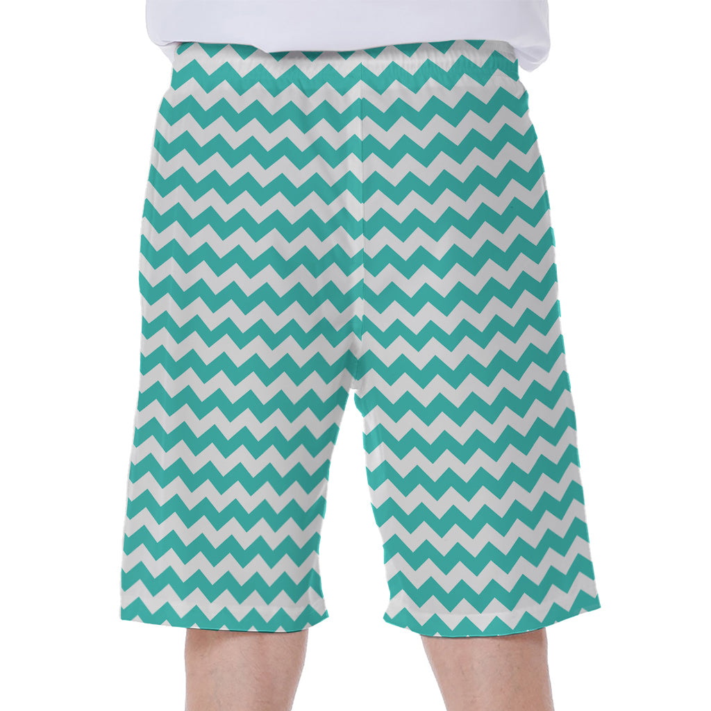 Teal And White Chevron Pattern Print Men's Beach Shorts