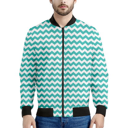 Teal And White Chevron Pattern Print Men's Bomber Jacket