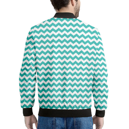 Teal And White Chevron Pattern Print Men's Bomber Jacket