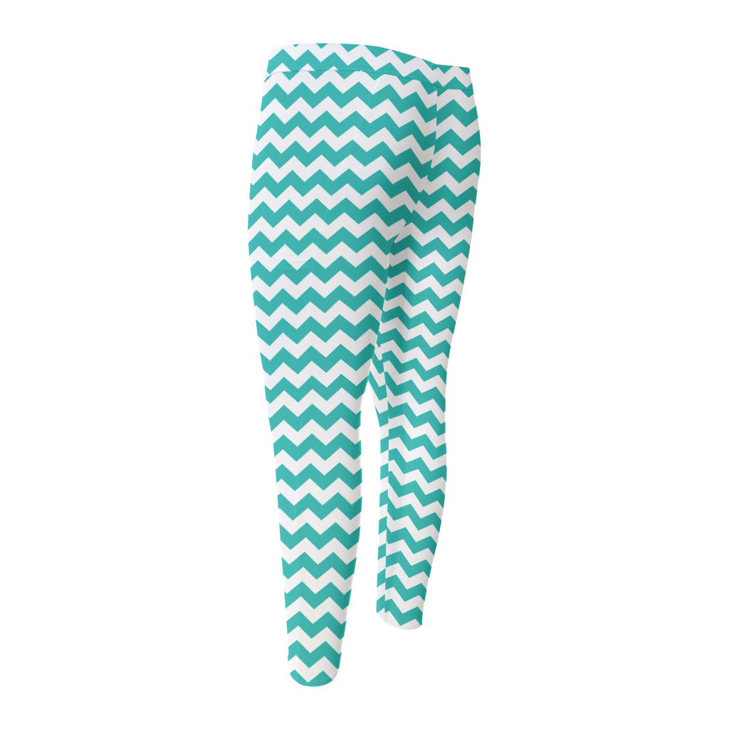 Teal And White Chevron Pattern Print Men's Compression Pants