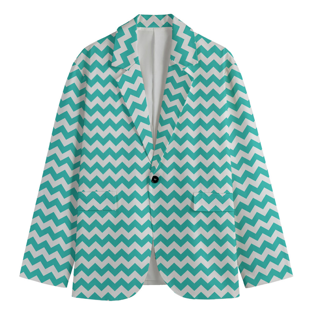 Teal And White Chevron Pattern Print Men's Cotton Blazer